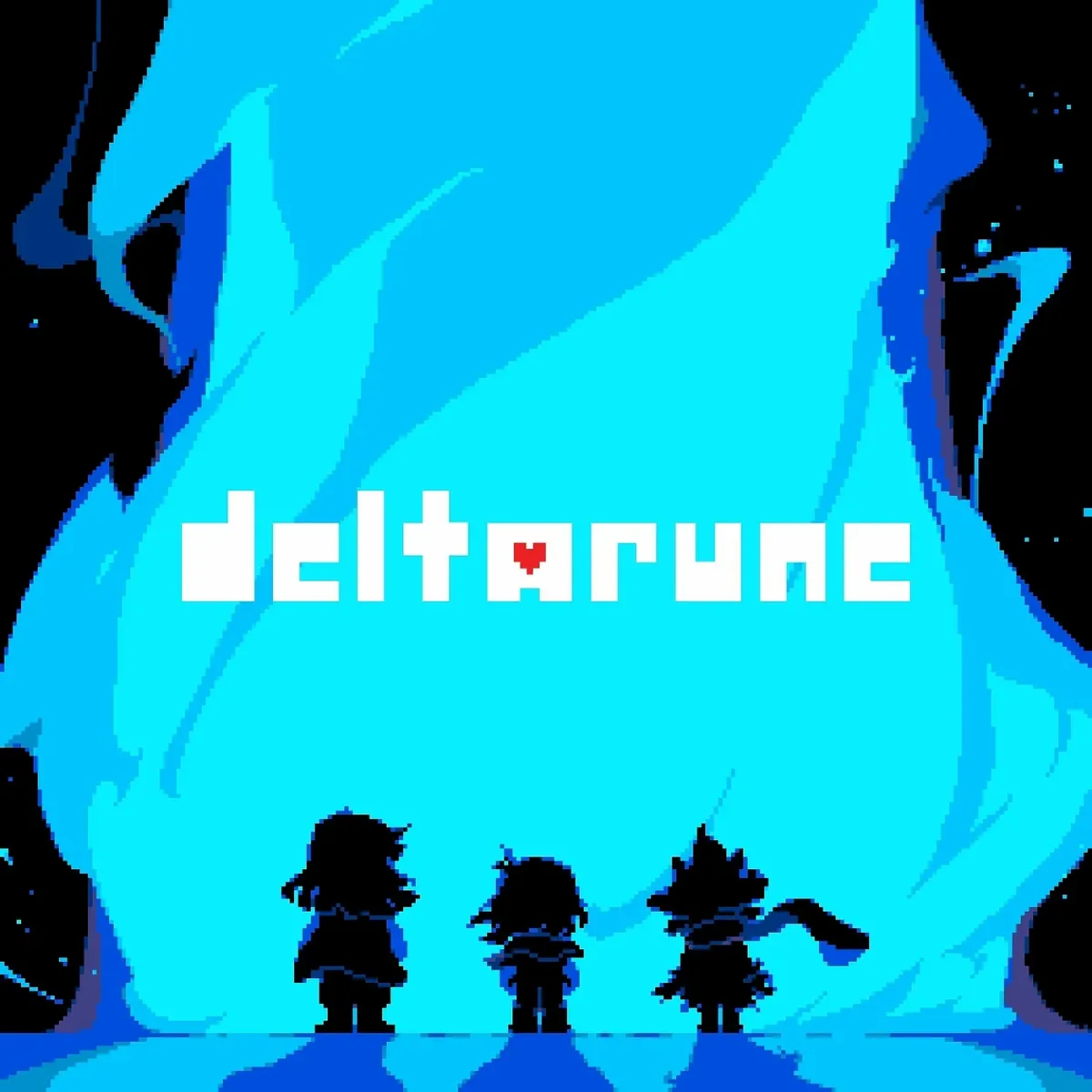 Kris, Susie, and Ralsei are silhouetted against a blue background with Deltarune written overtop